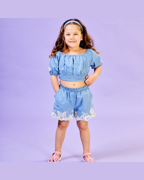 Σετ cropped top με κεντήματα και κορδέλα μαλλιών (18 μηνών-5 ετών)