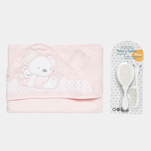 Baby bath set with hooded towel, comb & brush (75x75cm)