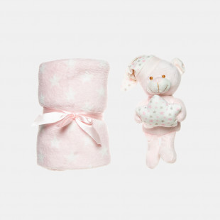 Κουβέρτα ροζ βελουτέ με λούτρινο αρκουδάκι (80x110εκ.)