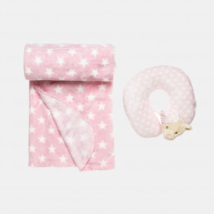 Κουβέρτα βελουτέ ροζ με μαξιλαράκι ταξιδίου (90x75εκ.)