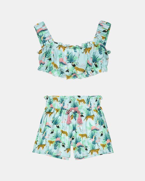 Set crop top and high waisted shorts with tropical pattern (6-16 years)