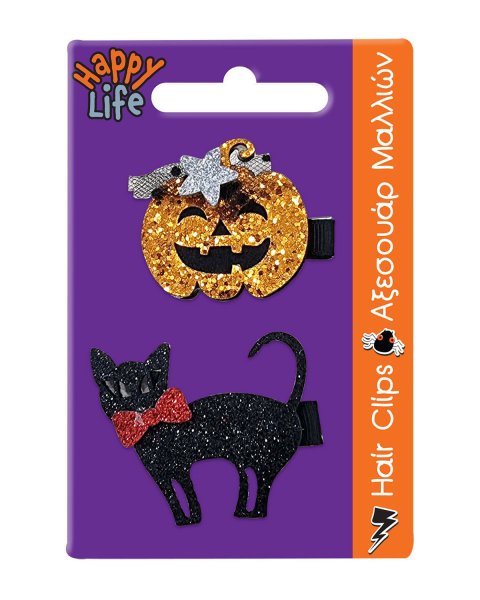 Σετ με 2 κλιπ μαλλιών Halloween (γάτα και κολοκύθα)