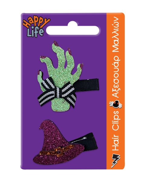 Set of 2 Halloween hair clips (hand and witch's hat)
