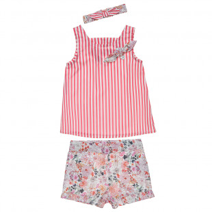 Σετ μπλούζα ριγέ με φλοράλ σορτς και κορδέλα (6-18 μηνών)