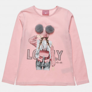 Long sleeve top with print and pom pon (6-14 years)