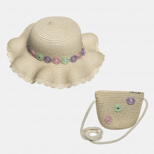 Καπέλο ψάθινο λουλουδάτο με ασορτί κρεμαστό τσαντάκι (2-4 ετών)