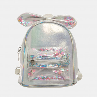 Backpack silver with decorative bow and confetti